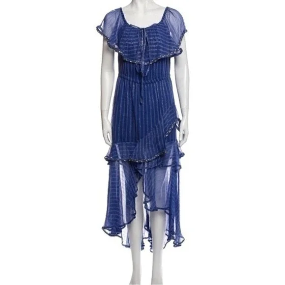 Misa Los Angeles Dress Blue Gold Medium Ambrosia Ruffle Hem Boho Festival NEW - Picture 4 of 16